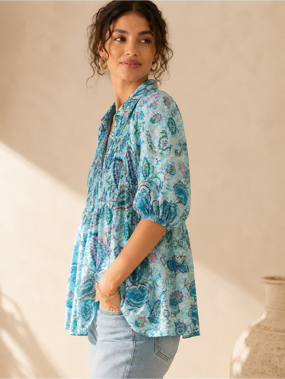 Umgee Boho Aqua Blue/Purple Paisley Floral Pintuck Puff Sleeve Blouse Top 1XL - Picture 2 of 8